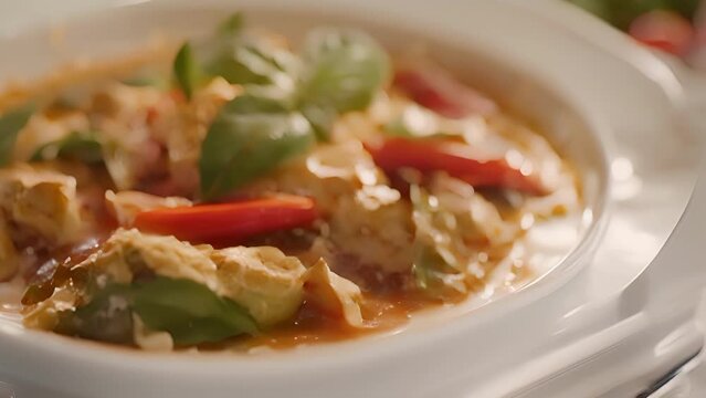 A food critic tastes a creamy coconutbased curry with chunks of tender chicken and fresh vegetables. The es create a perfect balance of heat and sweetness.