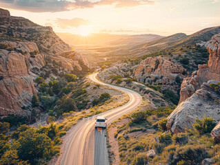 a white SUV cruising on a mountain road at sunset, rocky cliffs and lush greenery on the sides.