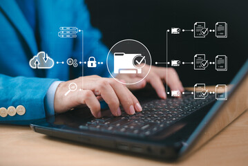 Document Management System (DMS). Data transfer backup, File Sharing. Web online document backup concept. Data personal safety technology concept. Cloud computing network security, office background.