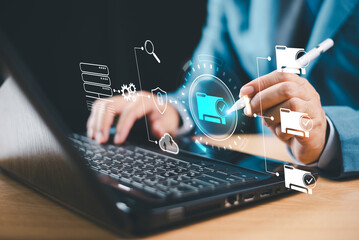 Document Management System (DMS). Data transfer backup, File Sharing. Web online document backup concept. Data personal safety technology concept. Cloud computing network security, office background.