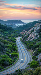 Adventure in the Golden Hour White Car Driving on Scenic Highway Surrounded by Rocky Cliffs and Lush Greenery at Dusk