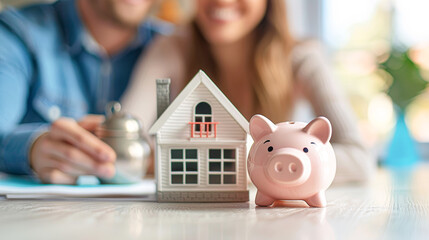 Planning the Dream Home Loving Couple Discussing Budget with Miniature House and Piggy Bank Warm Moment of Financial Goals