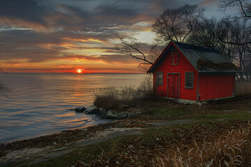 Amanecer en el mar con una casita roja en la orilla.