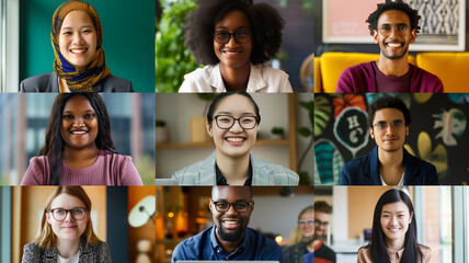 A vibrant and diverse collection of multicultural people engaged in remote work and online collaboration, using laptops and digital devices in various settings such as cafes, co-working spaces, and ho