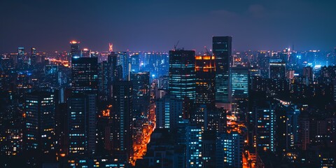 Obraz premium A dynamic night view of a bustling cityscape, with buildings illuminated against the dark blue hues of the evening sky