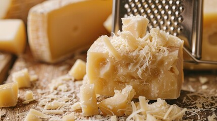 Close up of aged Italian Pecorino cheese and grater