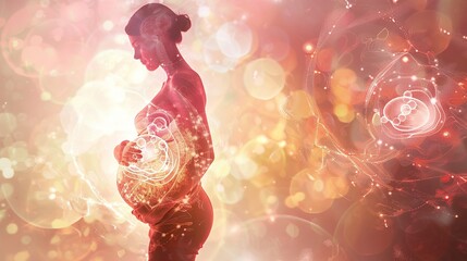 Old pregnant woman Unborn child can be seen as organ structures in holographic form on abstract background with light. Digital art. Concept of futuristic biotechnology