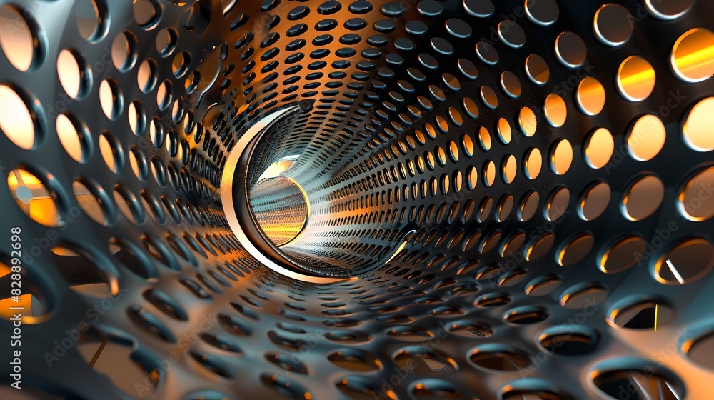 Poster futuristic metallic tunnel with circular holes. abstract geometric concept. stunning visual for tech