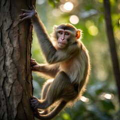 Naklejka premium A monkey on a branch of a tree in the forest nature animal looked at camera with blurred background 