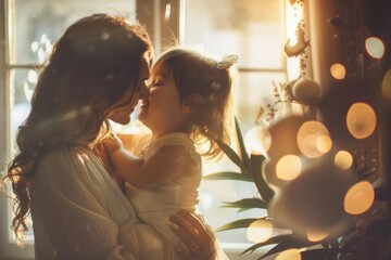 A tender embrace between a mother and her little girl surrounded by Mother Day decorations