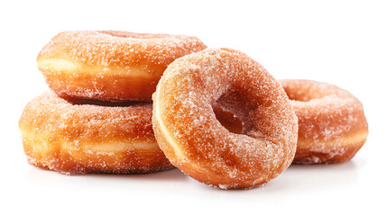 Front view of sugar-glazed cinnamon donuts in a stack, isolated on a white background with clipping path
