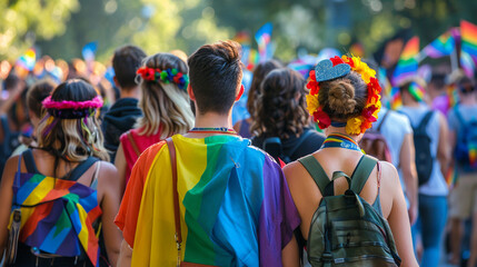 Fototapeta premium Back view gay lesbian LGBT crowd people rainbow colors. Free gay walk city street. Culture festival