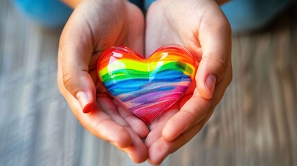 A close-up shot of hands holding a rainbow heart, representing love and support for the LGBT community. The simple background emphasizes the strong, positive message of pride and equality.