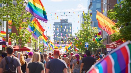A city street is adorned with rainbow flags and decorations, creating a festive atmosphere for a pride celebration. People of all ages and backgrounds can be seen enjoying the event, highlighting the