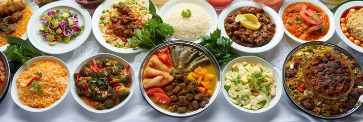 A spread of diverse international dishes laid out on a table, shot from above