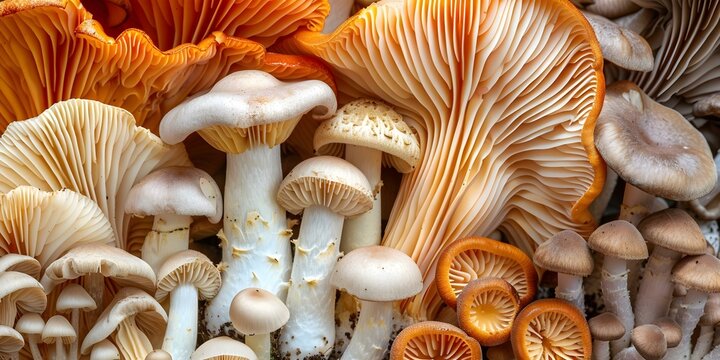 Close-Up View of Diverse Mushrooms in a Cluster Exhibiting Varied Shapes and Colors. Concept Nature Photography, Mushrooms, Close-Up Shots, Colors and Shapes, Diverse Mushrooms