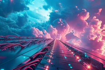 Internet server glowing cables in the cloud interwoven background, AI generated