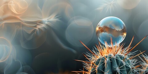 Soap bubble near cactus symbolizes risk danger and fragility on dark background. Concept Risk and Danger, Fragility, Soap Bubble, Cactus Symbol, Dark Background