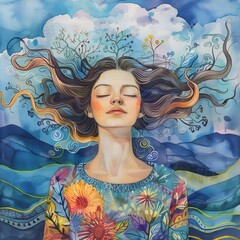 Mesmerizing watercolor artwork depicts a close-up of a meditating girl with closed eyes, her flowing hair seamlessly merging with nature and clouds in shades of blue. A fantasy-themed illustration.