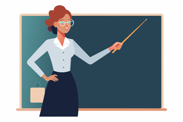 The female teacher pointed to the blackboard with her right hand, the ruler with her left hand, the golden glasses, the smile and the mouth shape with her mouth open. Bend over to the students.
 white