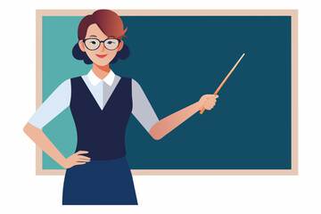 The female teacher pointed to the blackboard with her right hand, the ruler with her left hand, the golden glasses, the smile and the mouth shape with her mouth open. Bend over to the students.
 white