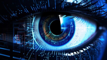 A close-up of a digital eye with futuristic technology elements, representing cyber security, artificial intelligence, and biometric data.