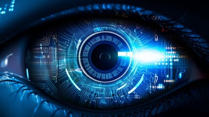 Futuristic digital eye with technological elements, symbolizing advanced technology, cyber security, and artificial intelligence.