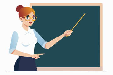 The female teacher pointed to the blackboard with her right hand, the ruler with her left hand, the golden glasses, the smile and the mouth shape with her mouth open. Bend over to the students.
 white