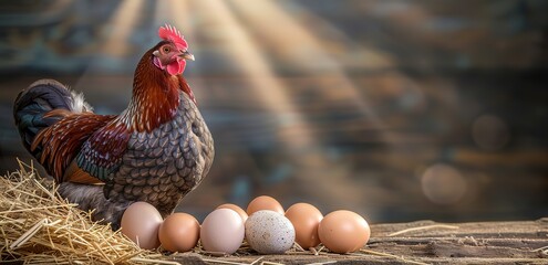 A mother hen laying eggs in a cage with light shining from above