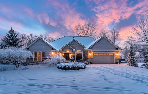 photo of a beautiful home in the snow, sunset, pink and blue sky, winter trees with white leaves, garage door lights on, front yard with fresh deep snow, wide angle