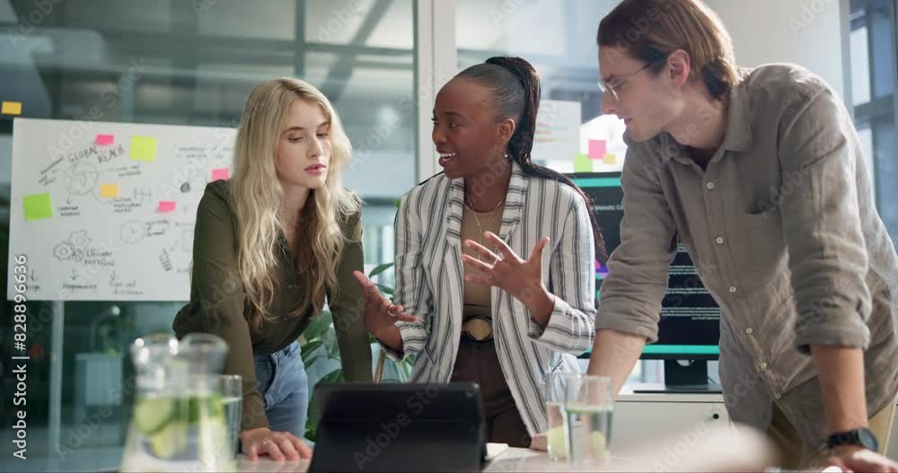 Aufkleber business people, discussion and planning with tablet in teamwork for research and development at off
