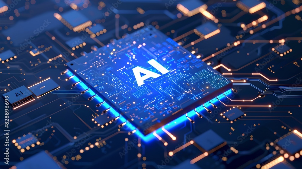 Poster glowing ai chip on a blue circuit board. technological and futuristic concept. hardware for artifici