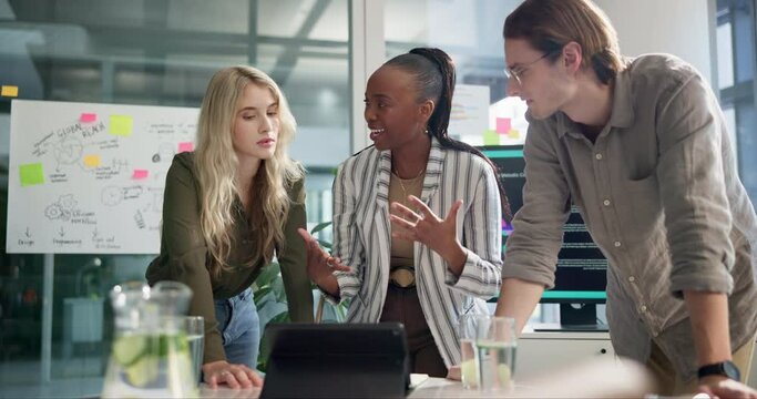 Business people, discussion and planning with tablet in teamwork for research and development at office. Group of employees discussing project, tasks or design on technology together at workplace