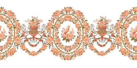Baroque motif with frame of roses and bird, vector, seamless border © Maria