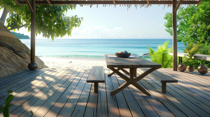 On the terrace by the beach, surrounded by the sound of waves and a view of the blue sky, there is an elegant wooden table.