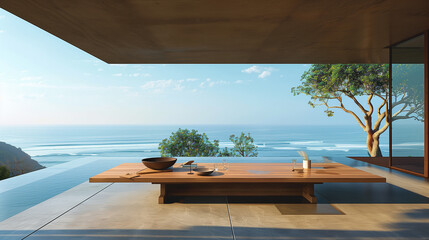 Fototapeta premium On the terrace by the beach, surrounded by the sound of waves and a view of the blue sky, there is an elegant wooden table.