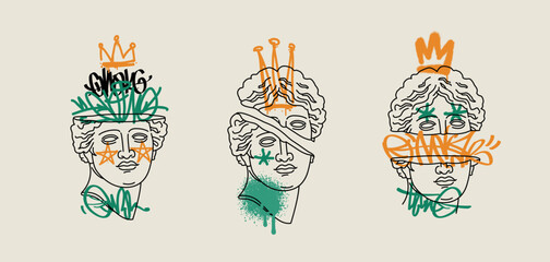 Street art graffiti crown tags on Greek antique statue head - contemporary art concept. Grunge Pop Art poster, interior painting, print design. Modern abstract artwork. Editable vector  © VRTX