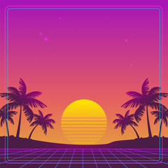Obraz premium Retrowave 80s-90s vintage sunset landscape with grid background of palms silhouette on the neon beach - editable vector flyer or banner dsgn with space for text