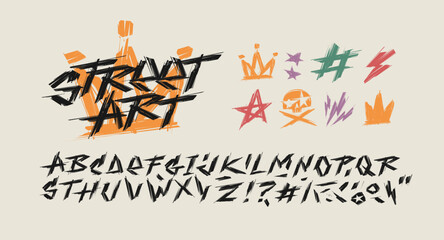 Street Art Brush font type with grunge typhography elements and Graffiti Tags: crown, star. flash, skull - editable vector template for lettering design