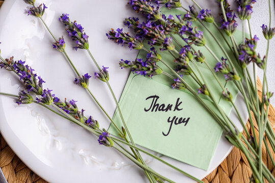 Elegant Summer Table Setting with Lavender and Thank You Note