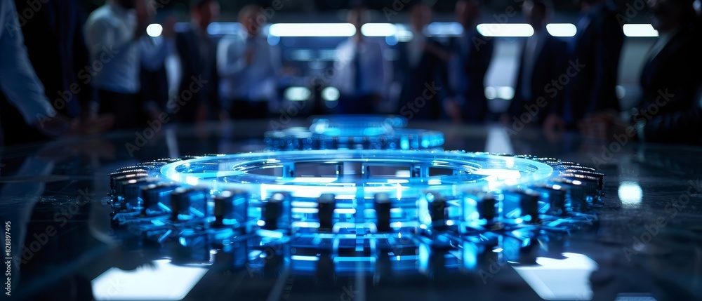 Poster engineer, scientists and developers gathered around illuminated conference table