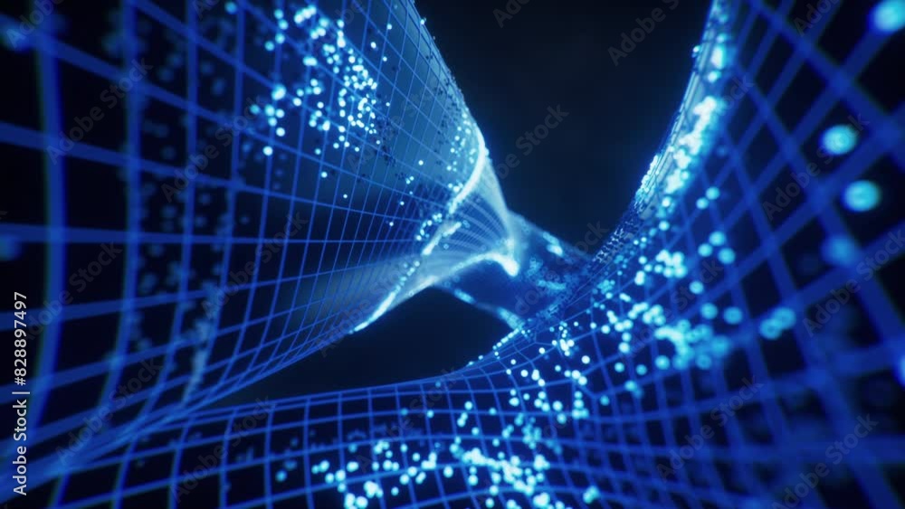 Poster abstract curve geometry with flowing particles, 3d rendering.