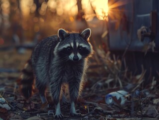 Curious Raccoon Exploring a trash filled yard Amidst the Golden Glow of a Beautiful Sunset