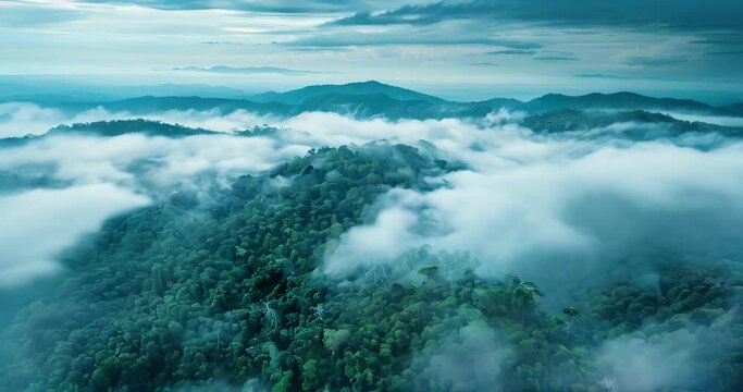 Expansive forest under a sea of clouds highlights nature's ability to capture and store carbon, emphasizing environmental balance. Carbon reduction