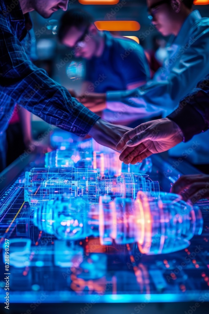 Poster engineer, scientists and developers gathered around illuminated conference table
