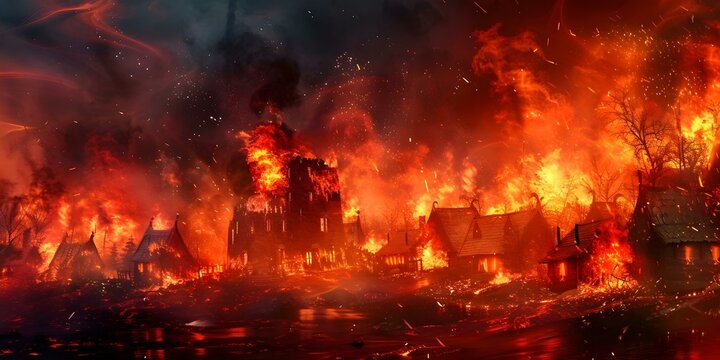 Viking barbarians attack a medieval village engulfed in flames in 3D. Concept Action, Adventure, 3D Animation, Viking Barbarians, Medieval Village