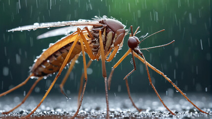 Fototapeta premium A mosquito standing in the rain, ideal for nature and weather concepts. Generative AI.