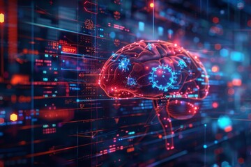 Futuristic digital brain with neural connections and data codes representing artificial intelligence and advanced technology.