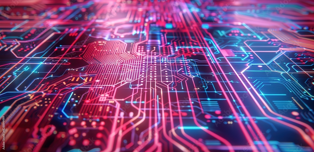 Wall mural an abstract background of circuits in pink and blue with the concept of advanced technology