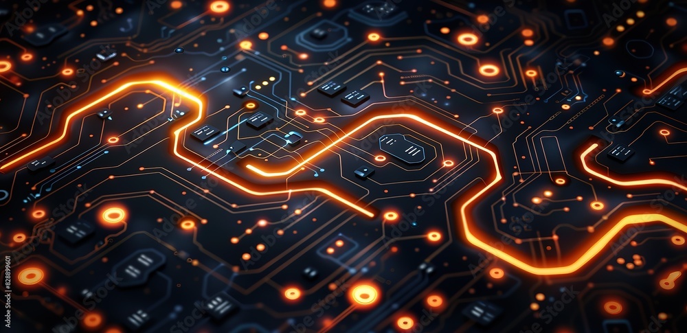 Wall mural an orange glowing line with a theme of artificial intelligence and advanced technology